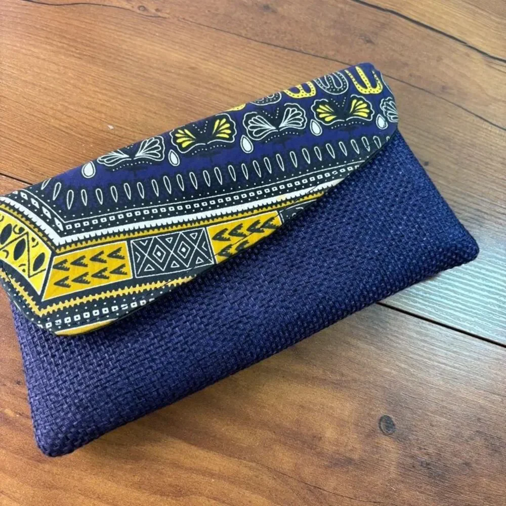 Ethnic African Dashiki Print Envelope Clutch Purse Purple Yellow Woven Tweed